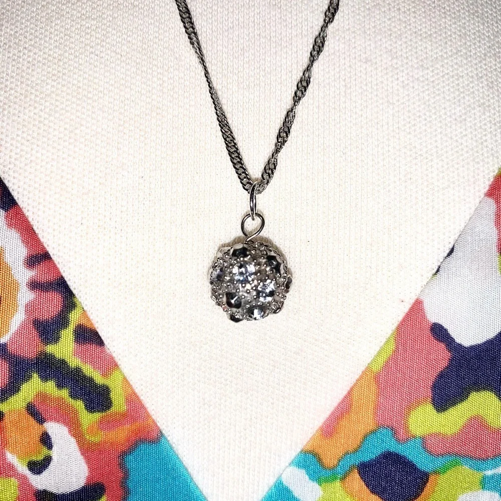Crystal Ball Silver Necklace 24-27 inches long